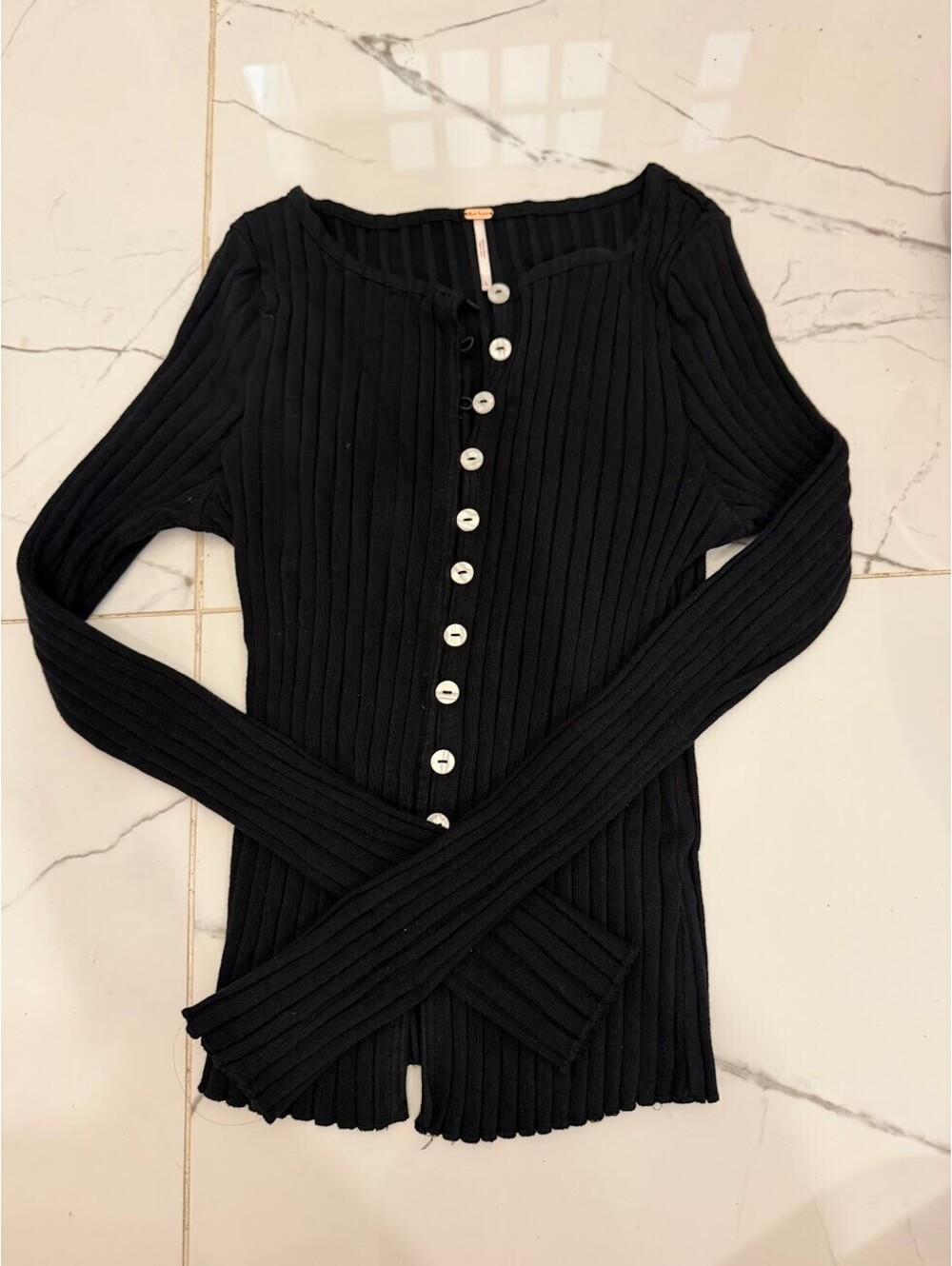 Free People Black Ribbed Button Front Top Size Large